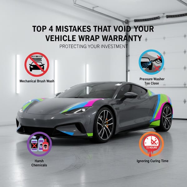 An image of a car that points out the four mistakes that void your vehicle wrap warranty.